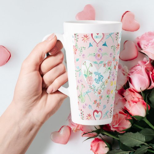 Cute Valentines Day Floral Hearts n Love Pink  Latte Mug
