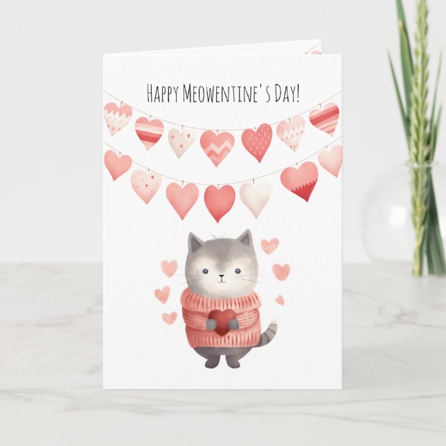 Cute Valentine's Day Folded & Editable, Cat Heart Holiday Card (Front)