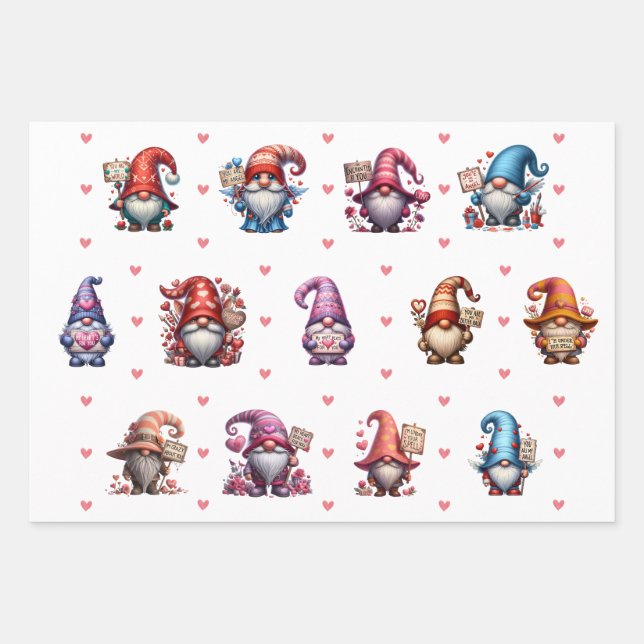 Cute Valentine's Day Gnomes with Signs & Solids Wrapping Paper Sheets (Front)