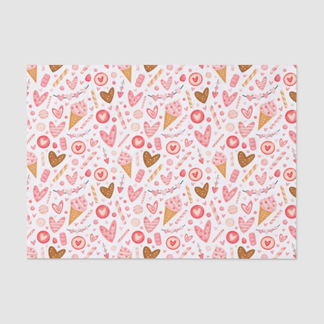 Cute Valentine's Day Hearts, Candy and Ice Cream  Tissue Paper (Front)
