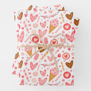 Cute Valentine's Day Hearts, Candy and Ice Cream Wrapping Paper Sheets