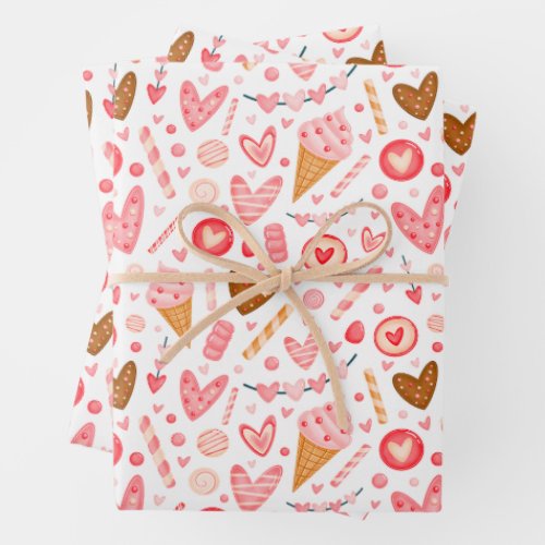 Cute Valentines Day Hearts Candy and Ice Cream Wrapping Paper Sheets