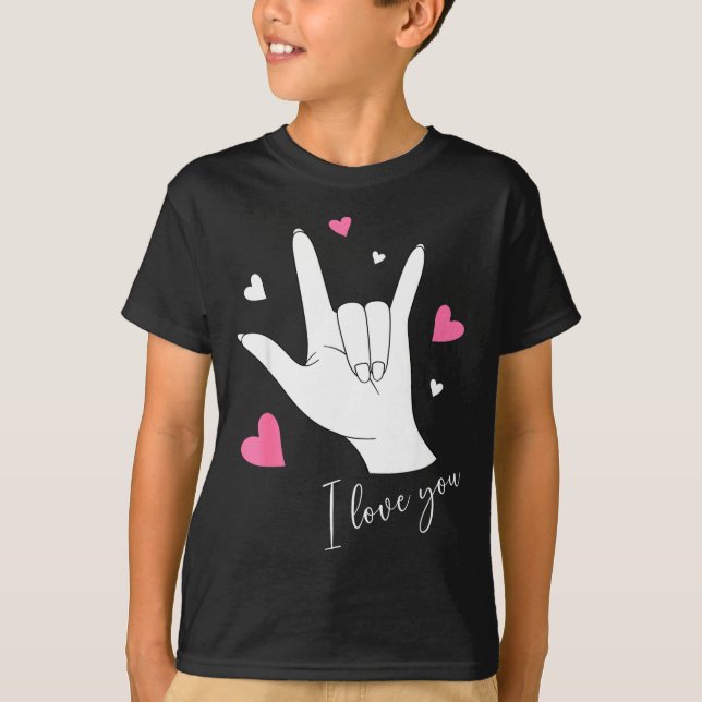 Cute Valentines Day Hearts I Love You Hand Sign La T-Shirt (Front)