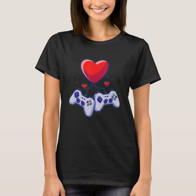 Cute Valentine's Day Matching Couple Video Gamer T-Shirt (Front)