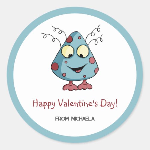 Cute Valentines Day Monster Alien Blue Classroom Classic Round Sticker