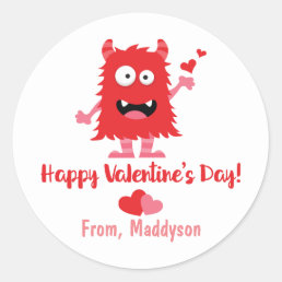 Cute Valentine&#39;s Day Monster and Hearts Classic Round Sticker