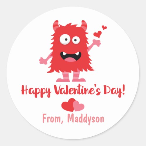 Cute Valentines Day Monster and Hearts Classic Round Sticker