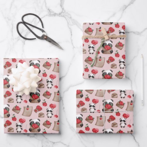 Cute Valentines Day Panda Bear Love Pattern  Wrapping Paper Sheets
