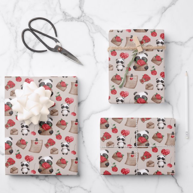 Cute Valentine's Day Panda Bear Love Pattern Wrapping Paper Sheets (Front)