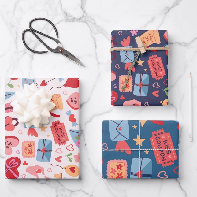 Cute Valentine's Day Pattern Heart and Love  Wrapping Paper Sheets (Front)