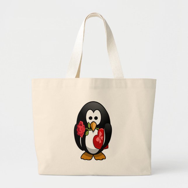 Cute Valentine's Day Penguin Funny Cartoon Large Tote Bag (Front)