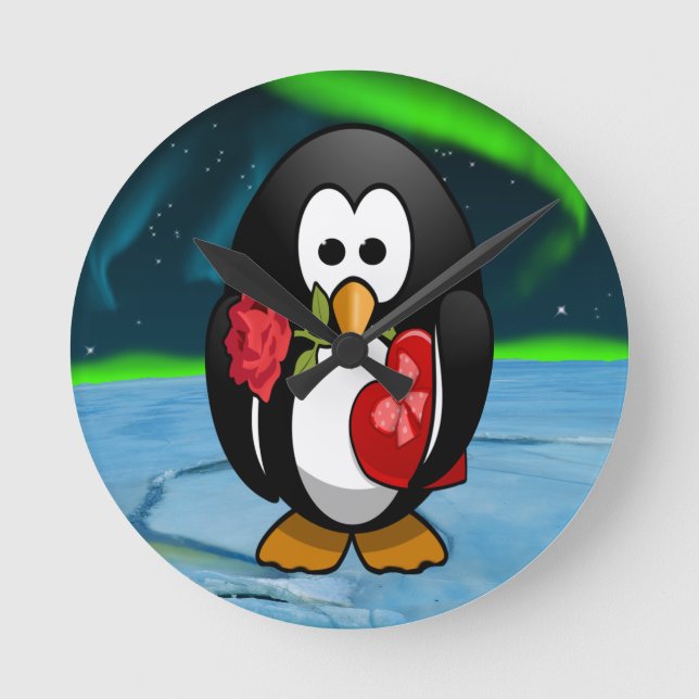 Cute Valentine's Day Penguin Funny Cartoon Round Clock (Front)