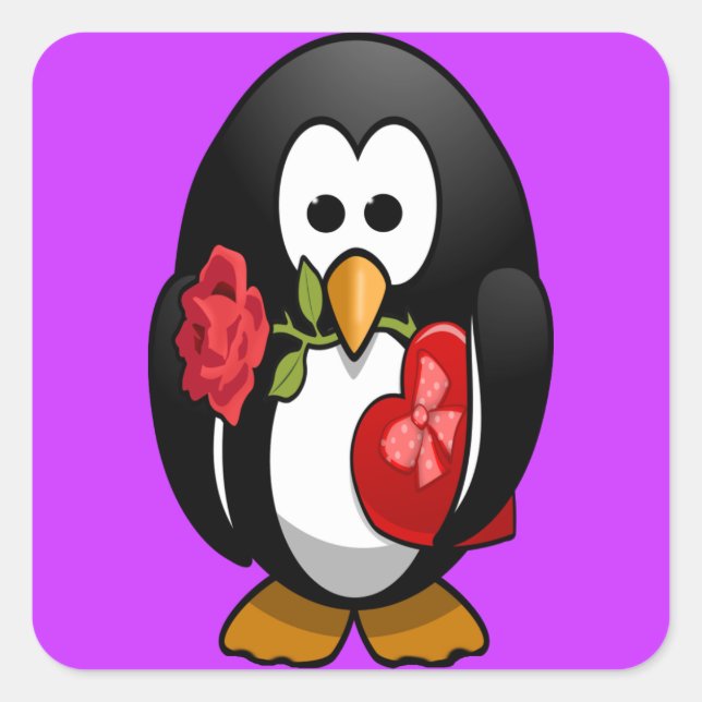 Cute Valentine's Day Penguin Funny Cartoon Square Sticker (Front)