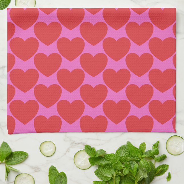 Cute Valentine's Day Pink and Red Heart Pattern Kitchen Towel (Folded)