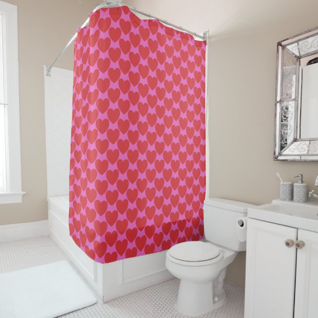Cute Valentine's Day Pink and Red Heart Pattern Shower Curtain (In Situ)