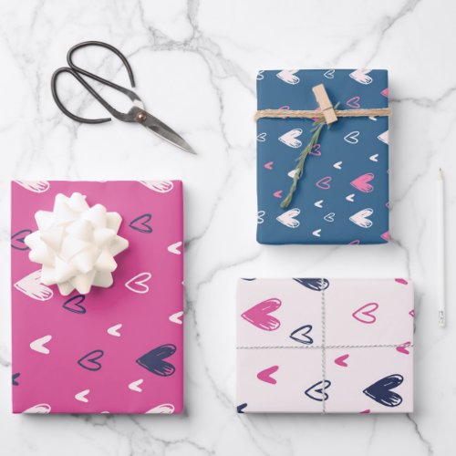 Cute Valentines Day Pink Blue Heart Pencil Doodle Wrapping Paper Sheets