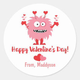 Cute Valentine&#39;s Day Pink Monster and Hearts Classic Round Sticker
