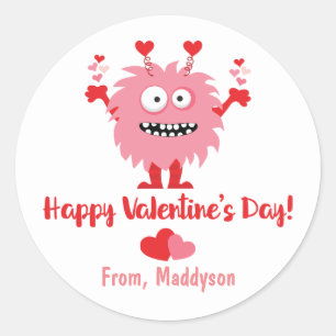 Cute Valentine's Day Pink Monster and Hearts Classic Round Sticker