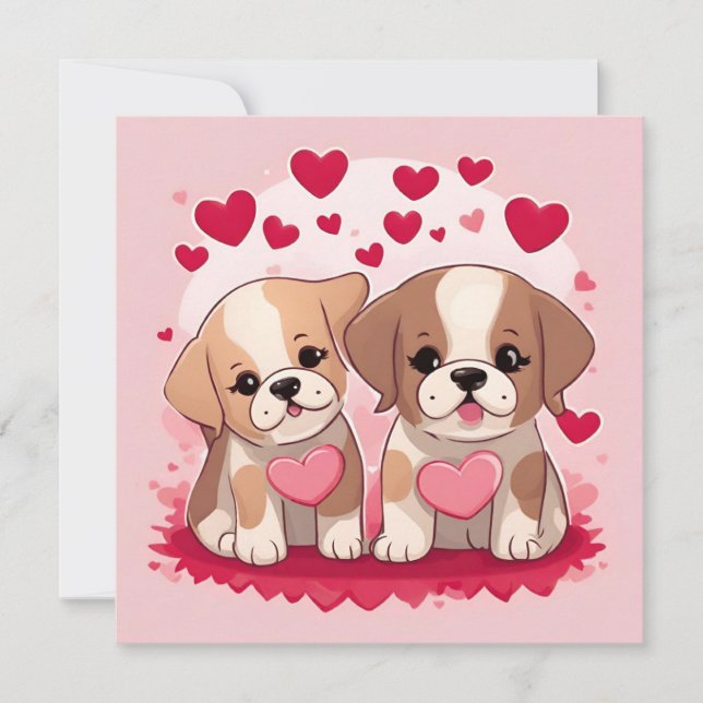 Cute Valentine's Day Puppies with Hearts  Holiday Card (Front)