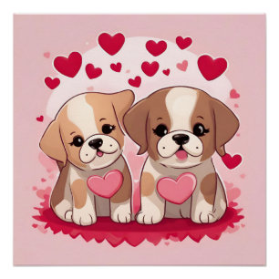 Cute Valentine's Day Puppies with Hearts  Poster