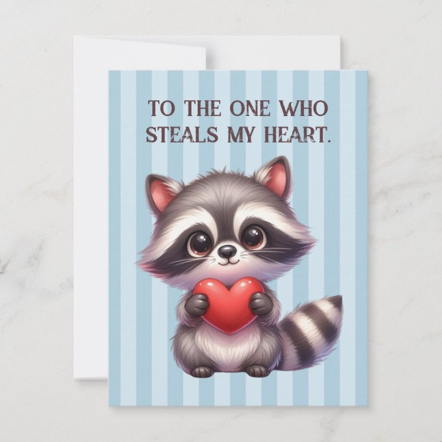 Cute Valentines Day Raccoon Holding a Heart Holiday Card (Front)