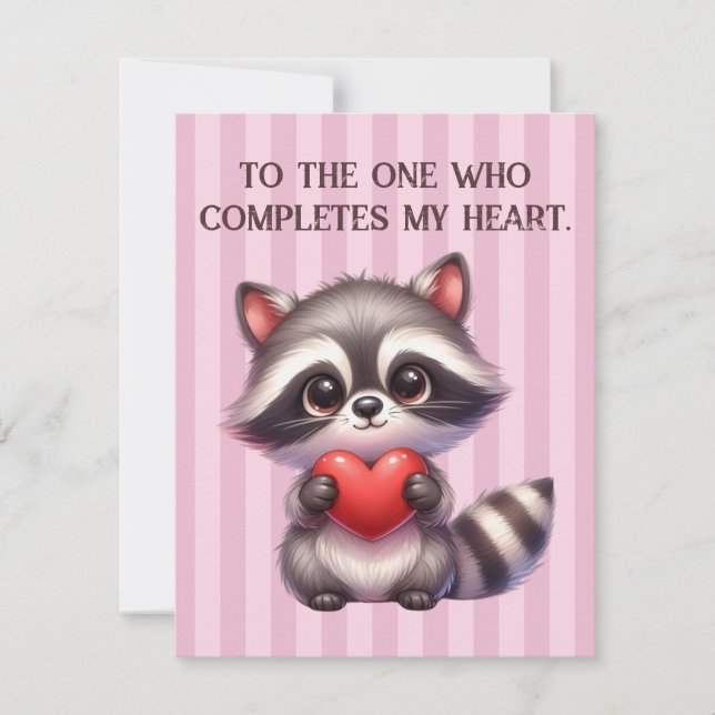 Cute Valentines Day Raccoon Holding a Heart Holiday Card (Front)