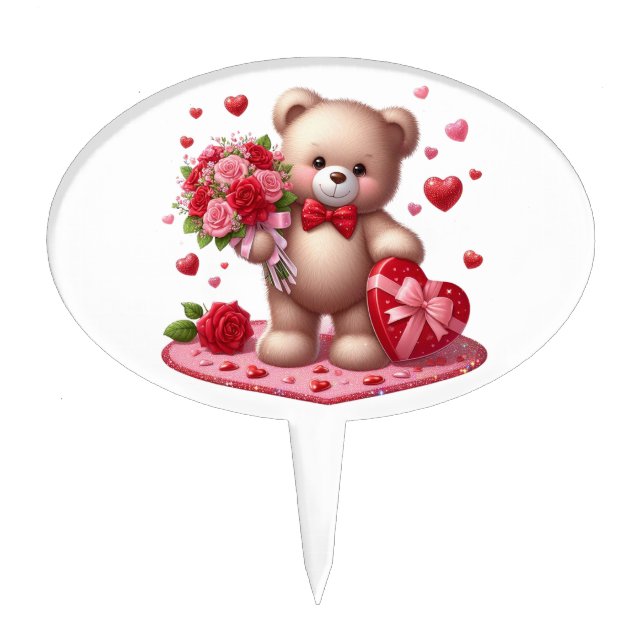 Cute Valentine's Day Teddy Bear Cake Topper (Front)