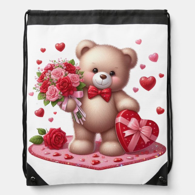 Cute Valentine's Day Teddy Bear Drawstring Bag (Front)