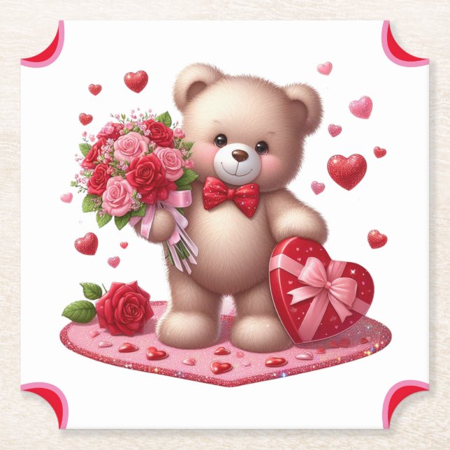 Cute Valentine's Day Teddy Bear Paper Coaster (Front)