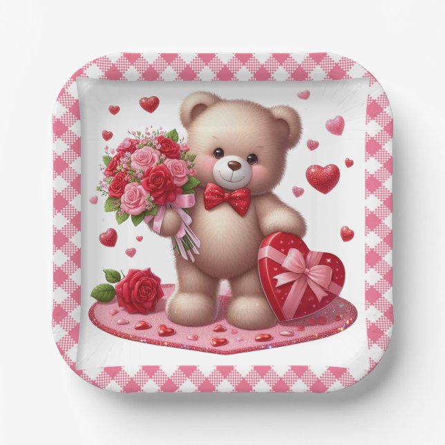 Cute Valentine's Day Teddy Bear Paper Plates (Front)