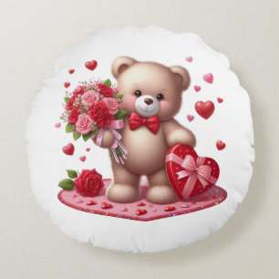 Cute Valentine's Day Teddy Bear Round Pillow