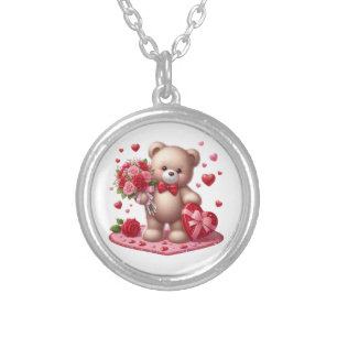 Cute Valentine's Day Teddy Bear Silver Plated Necklace