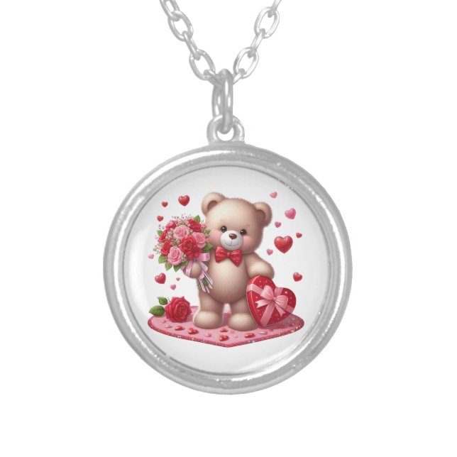 Cute Valentine's Day Teddy Bear Silver Plated Necklace (Front)