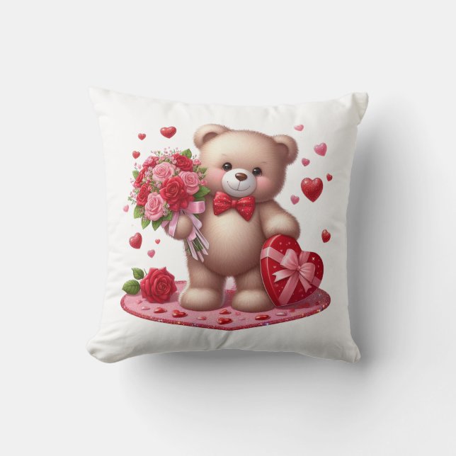 Cute Valentine's Day Teddy Bear Throw Pillow (Front)