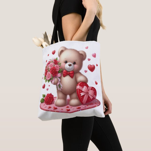 Cute Valentine's Day Teddy Bear Tote Bag (Close Up)