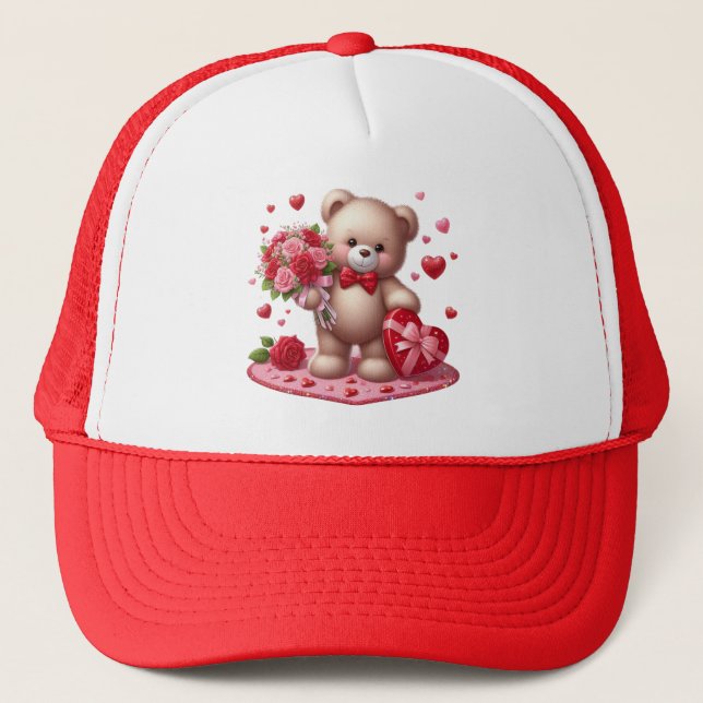 Cute Valentine's Day Teddy Bear Trucker Hat (Front)