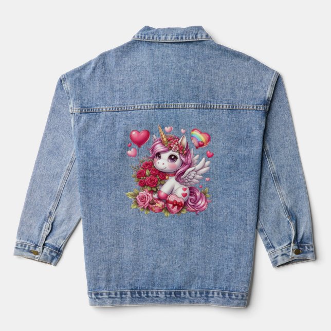 Cute Valentine's day unicorn Denim Jacket (Back)