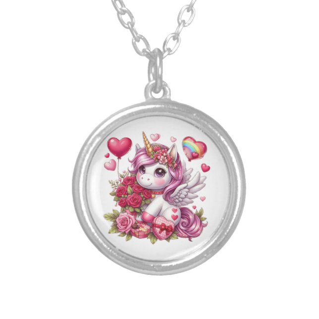 Cute Valentine's day unicorn Silver Plated Necklace (Front)