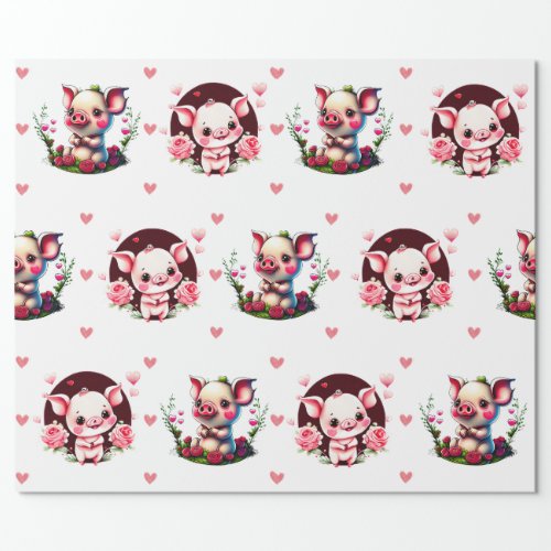 Cute Valentines Day Watercolor Piglets on White Wrapping Paper