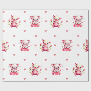 Cute Valentine's Day Watercolor Piglets on White Wrapping Paper