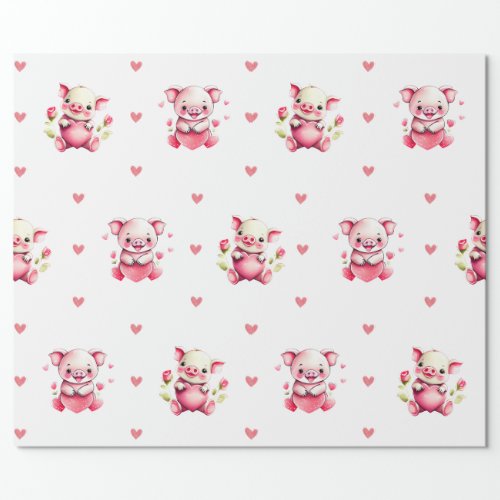 Cute Valentines Day Watercolor Piglets on White Wrapping Paper