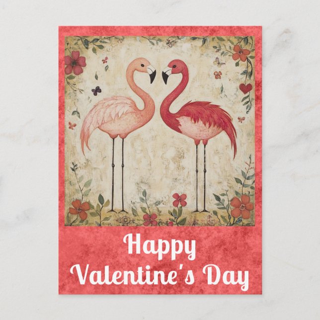 Cute Valentines Day Watercolor Pink Flamingo Postcard (Front)