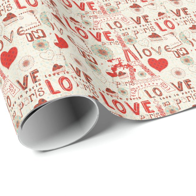 Cute Valentines Pattern-Love In Paris Eiffel Tower Wrapping Paper (Roll Corner)