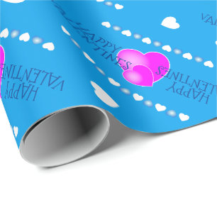 Cute Valentines Pink and White Hearts on BLUE Wrapping Paper