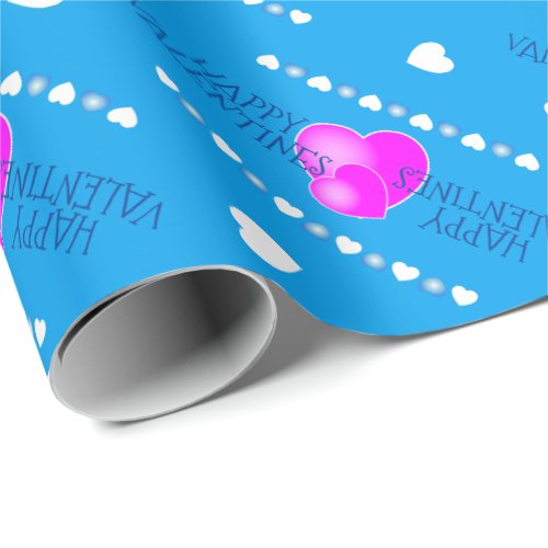 Cute Valentines Pink and White Hearts on BLUE Wrapping Paper