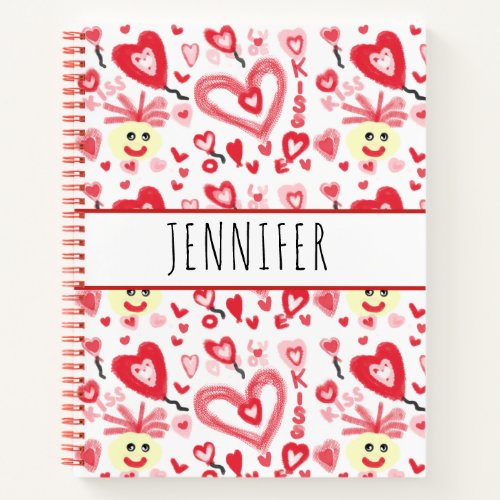 Cute Valentines Pink Red Doodle Hearts Kids  Notebook