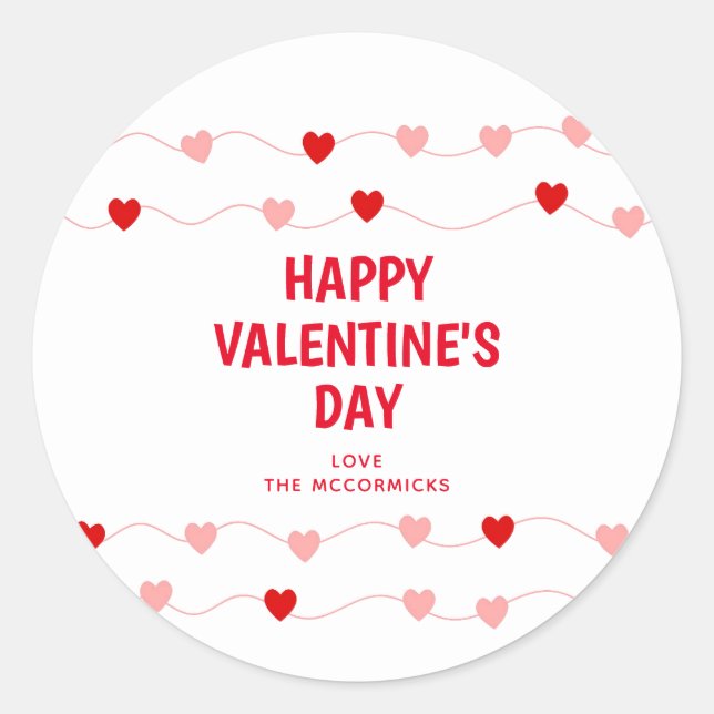 Cute Valentines Pink Red Hearts Personalized Classic Round Sticker (Front)