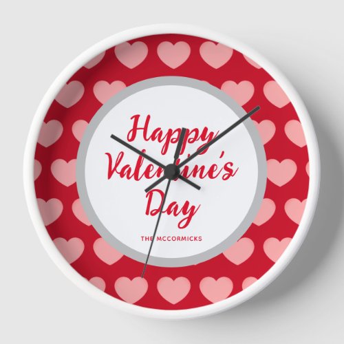 Cute Valentines Red Pink Hearts Script Typography Clock