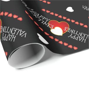 Cute Valentines Red White Hearts BLACK Wrapping Paper