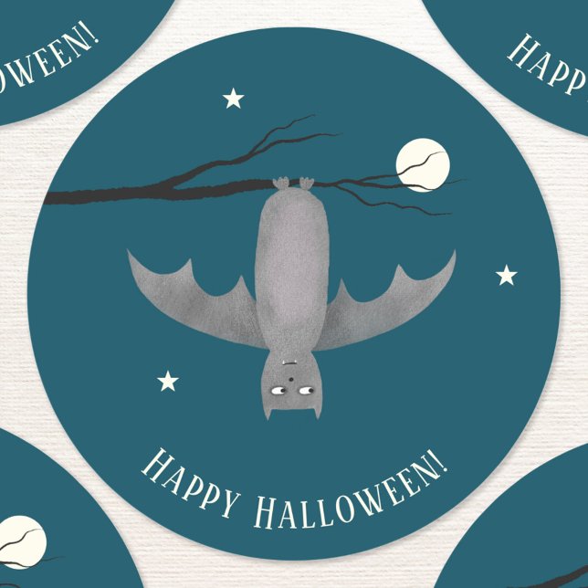 Cute Vampire Bat Halloween Classic Round Sticker (Fun vampire bat Halloween custom text trick or treat stickers)